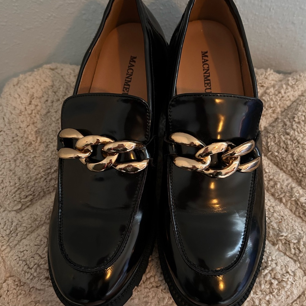 Women’s Black Platform Chunky Patent Loafers with Gold Chain Accent